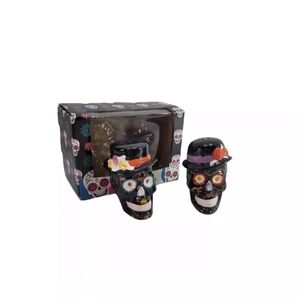 Halloween Skull Salt and Pepper Shakers Day Of Dead Black Skull With Hats New